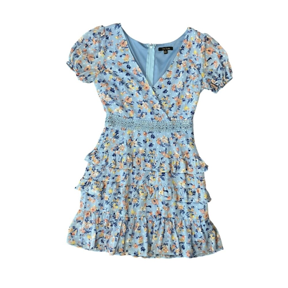 City Studio Blue Floral Ruffle Mini Dress Puff Sleeve Size 1